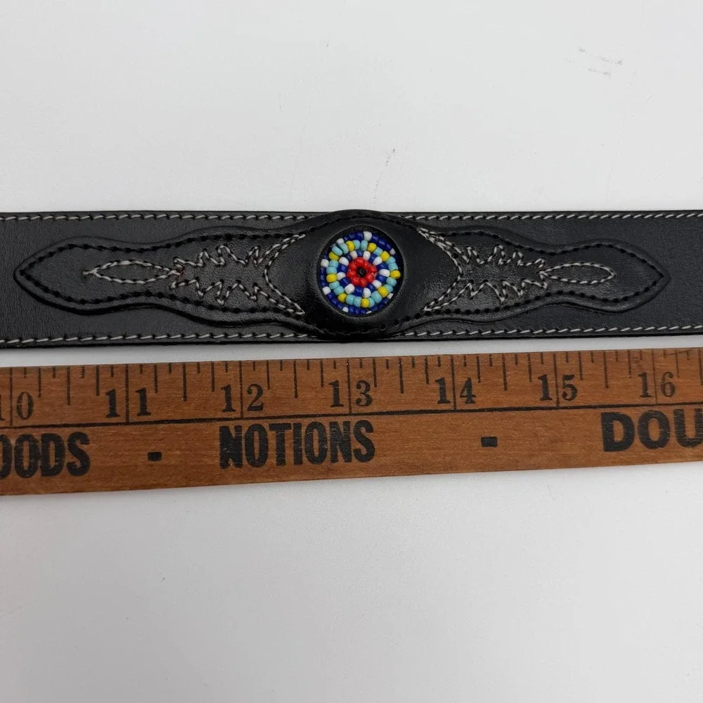 Vintage Western Black Leather Belt Beaded Medallions Silver Engraved Buckle 30